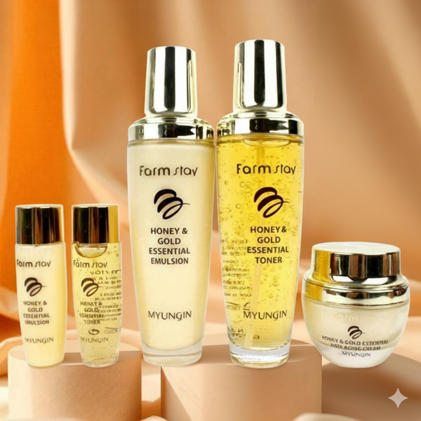 مجموعة هدايا للعناية بالبشرة الأساسية من فارم ستاي هوني آند جولد، مكونة من 5 قطع